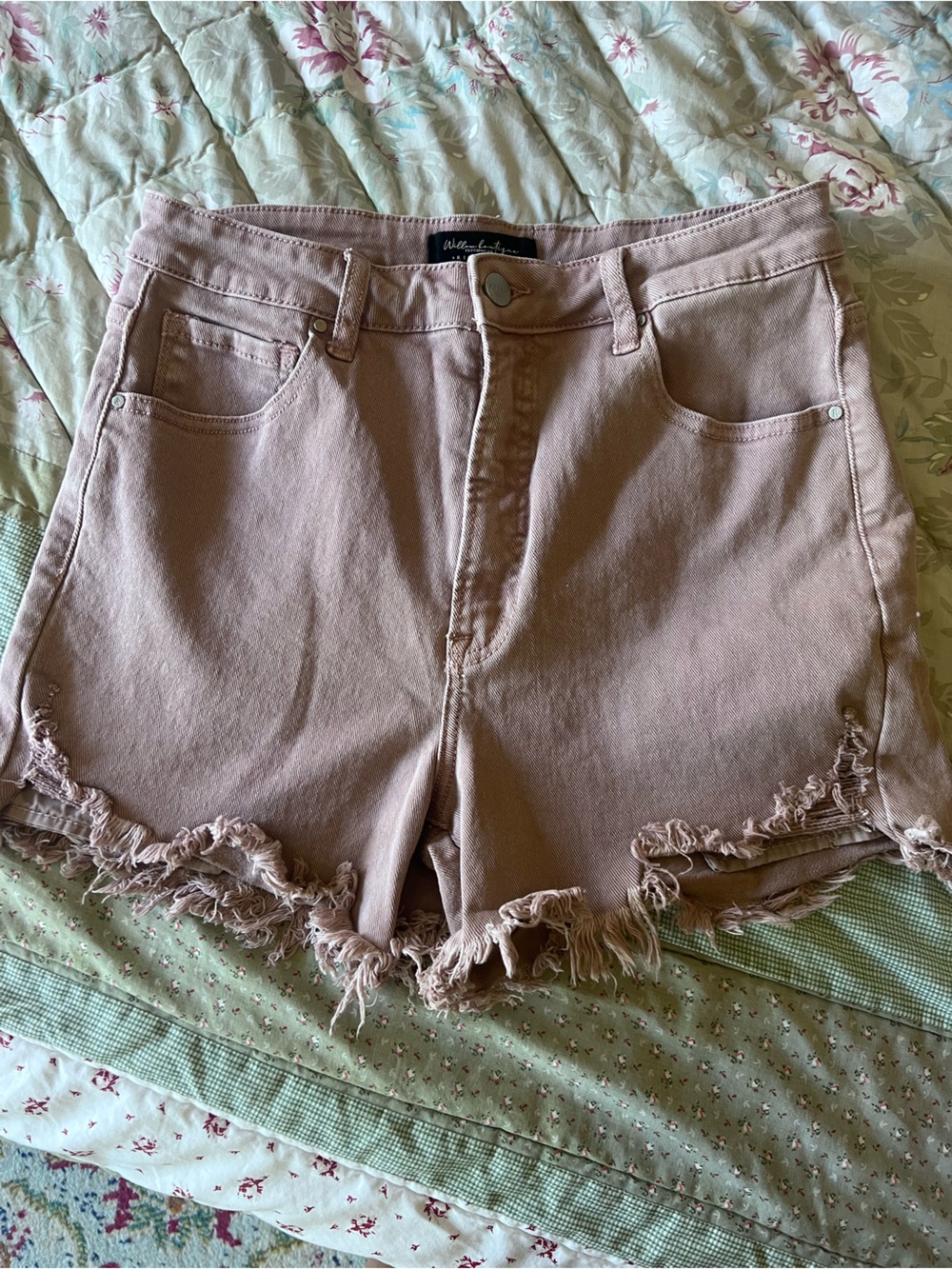 RISEN Washed Pink/lavender Fringe Hem Women’s Denim Shorts